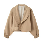 Women's short jacket with wide shawl collar, tailored tie belt and balloon sleeves Fashion Glam