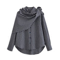 Women Asymmetrical Check Blouse with Integrated Scarf and Button Placket Fashion Glam