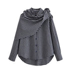 Women Asymmetrical Check Blouse with Integrated Scarf and Button Placket Fashion Glam
