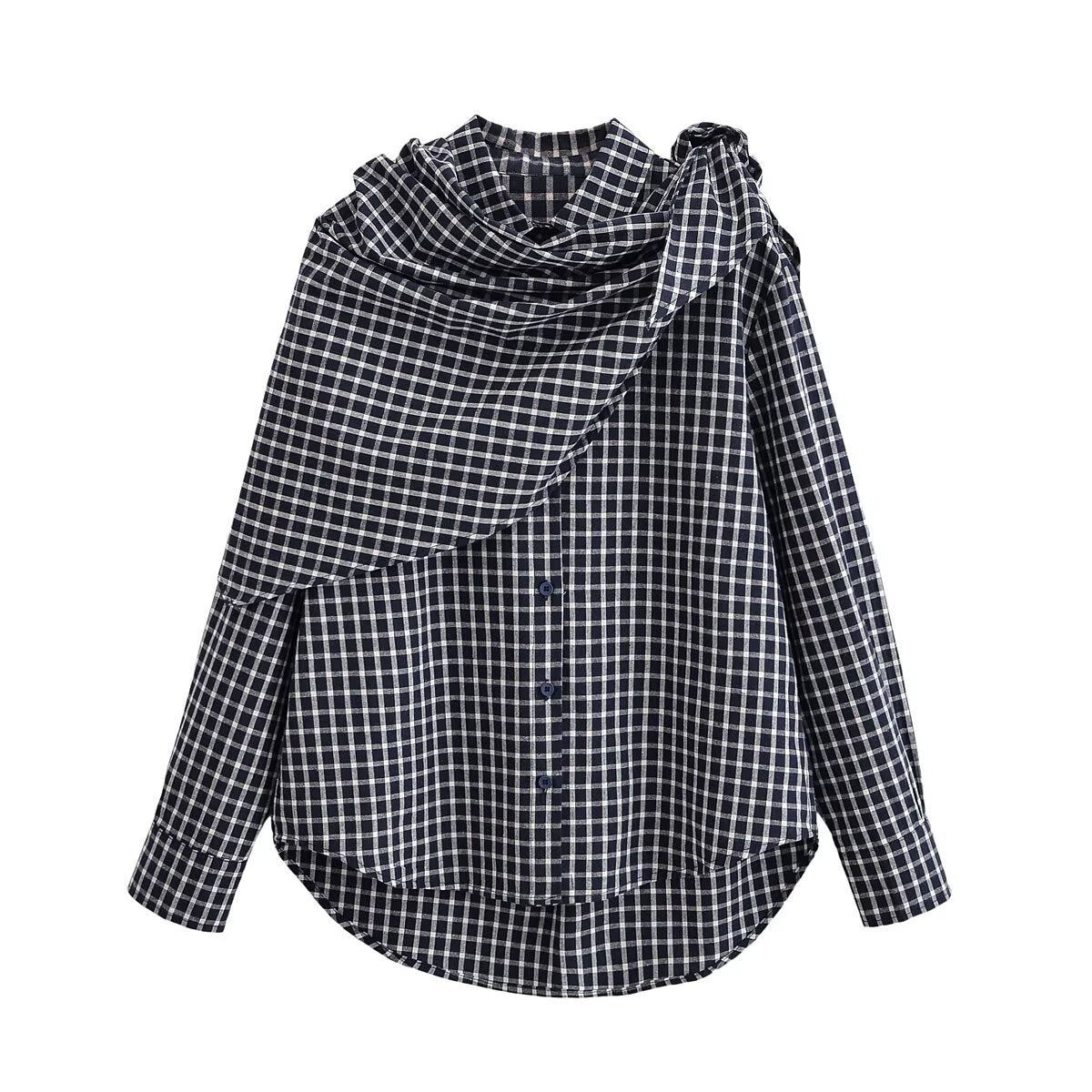 Women Asymmetrical Check Blouse with Integrated Scarf and Button Placket Fashion Glam