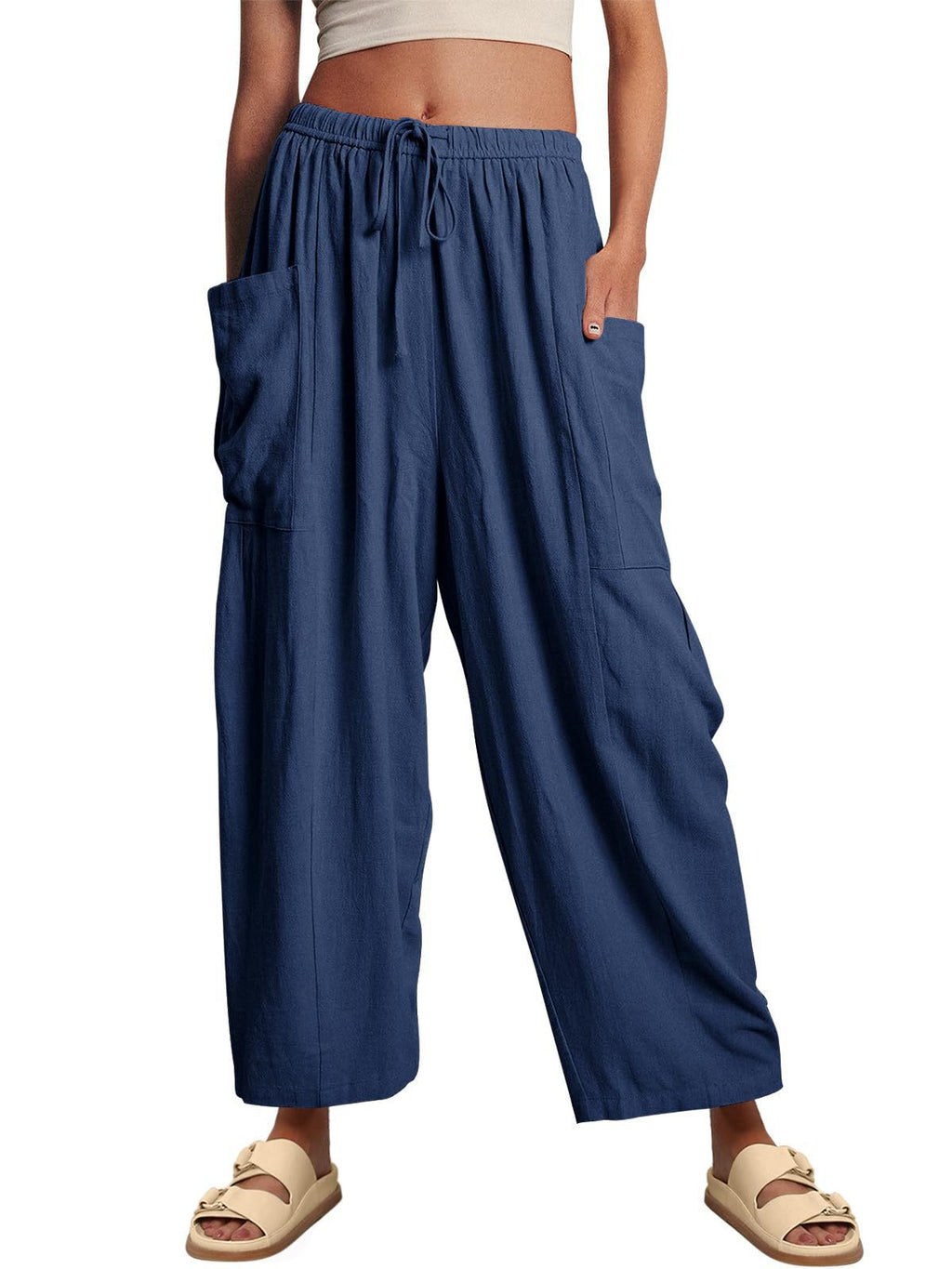 Women's High-Waisted Relaxed Cargo Pants made of Linen Blend with Drawstring and Patch Pockets Fashion Glam
