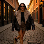 Women Quilted Leather Look Blouson with Voluminous Fur Collar Fashion Glam