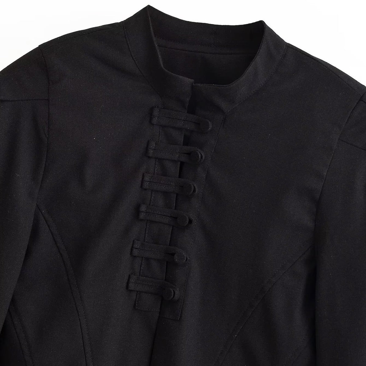 Women short fitted jacket with stand-up collar and decorative loop tape Fashion Glam