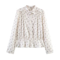 Women's Lightweight Viscose Blouse with Stand Collar, Ribbon Tie and Chest Pleats Fashion Glam