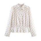 Women's Lightweight Viscose Blouse with Stand Collar, Ribbon Tie and Chest Pleats Fashion Glam