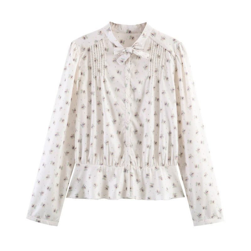 Women's Lightweight Viscose Blouse with Stand Collar, Ribbon Tie and Chest Pleats Fashion Glam