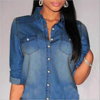 Women's tailored denim shirt blouse with chest pockets and pearl buttons Fashion Glam