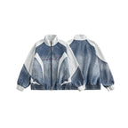 Unisex Boxy Jeans Jacket in Patchwork Look with Stand-Up Collar and Zipper Fashion Glam