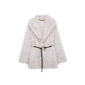 Ladies short coat made of high-pile faux fur with a large shawl collar and decorative belt Fashion Glam