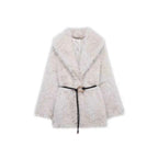 Ladies short coat made of high-pile faux fur with a large shawl collar and decorative belt Fashion Glam