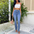 Women High-Waisted Straight Jeans with Front Pockets and Center Seam Fashion Glam