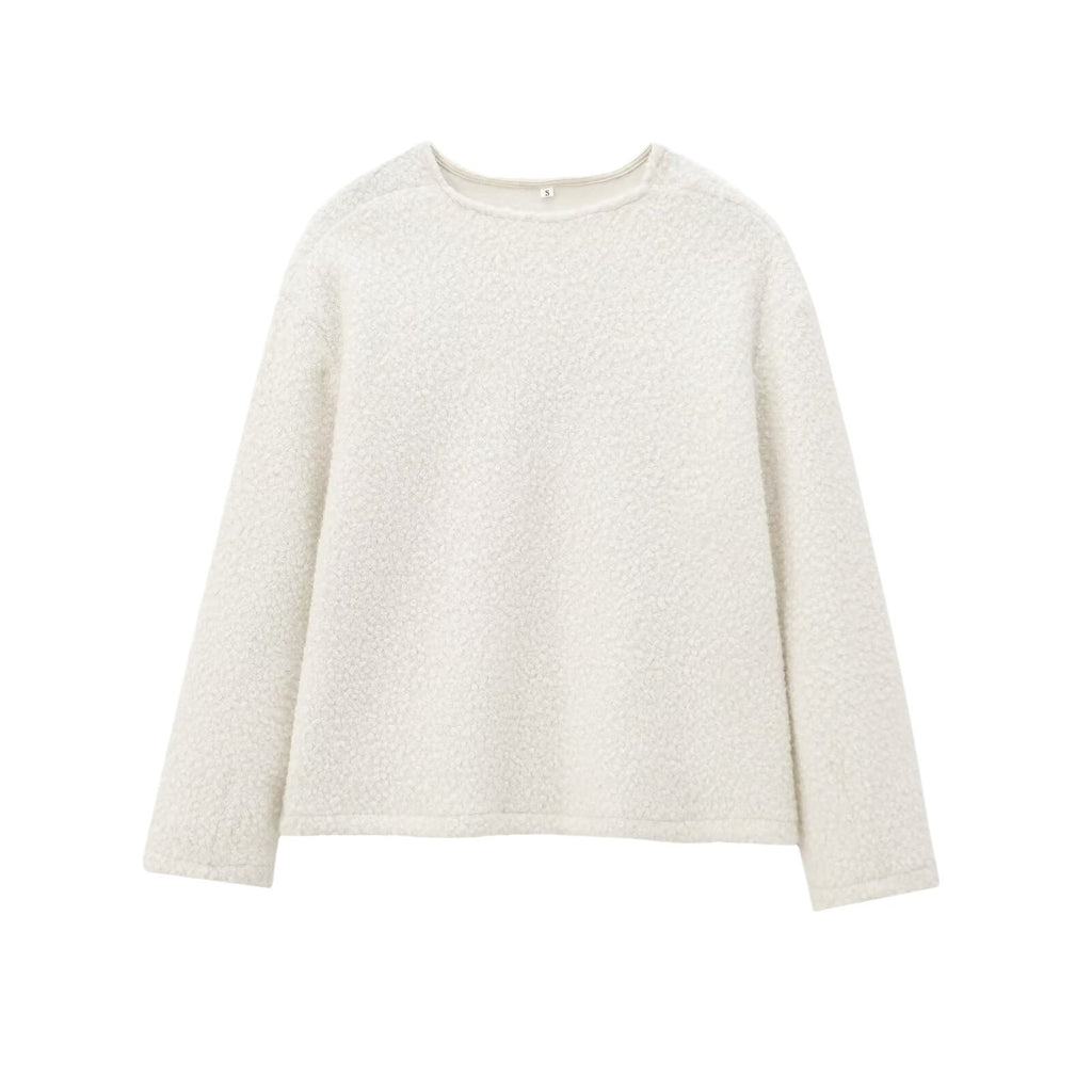 Women's Cozy Boucle Sweater with Round Neck and Straight Hem Fashion Glam