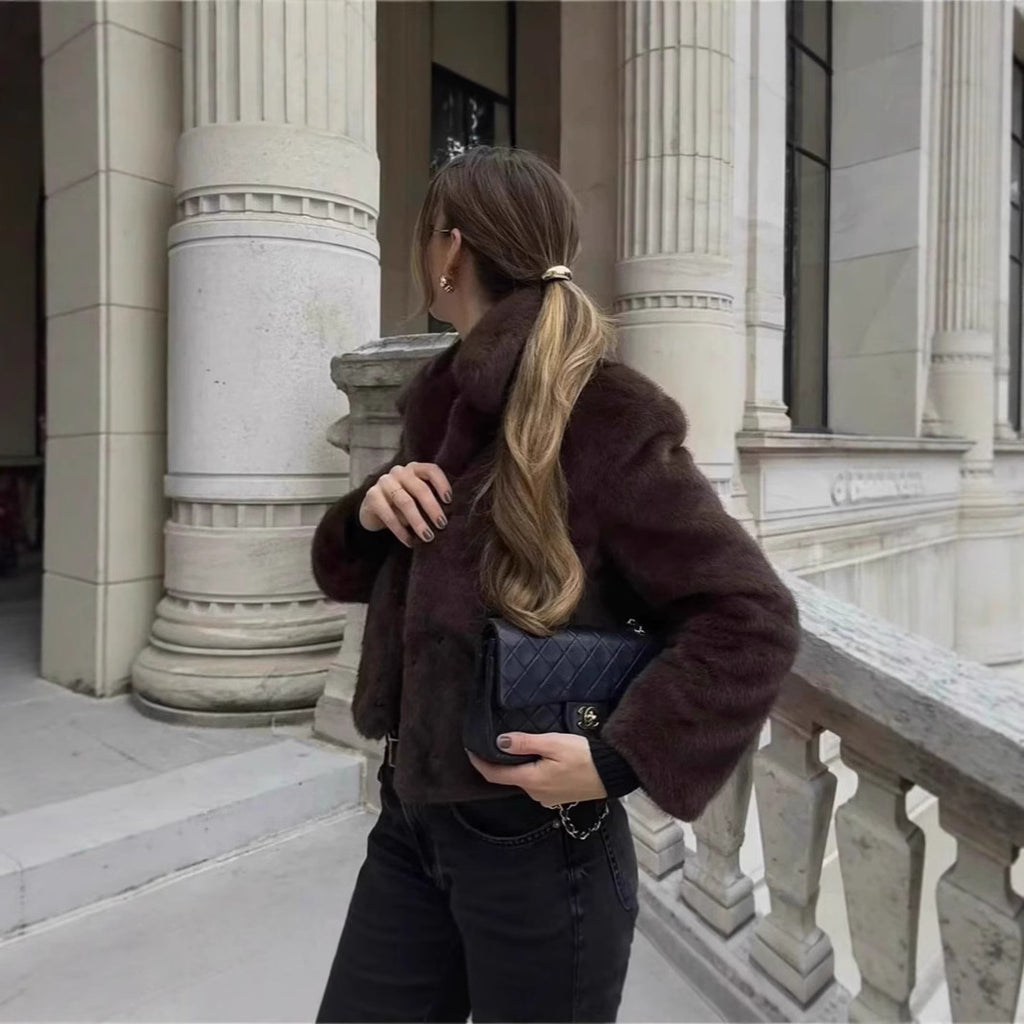 Women's Short Boxy Faux Fur Jacket with Shirt Collar and Dense High-Pile Texture Fashion Glam