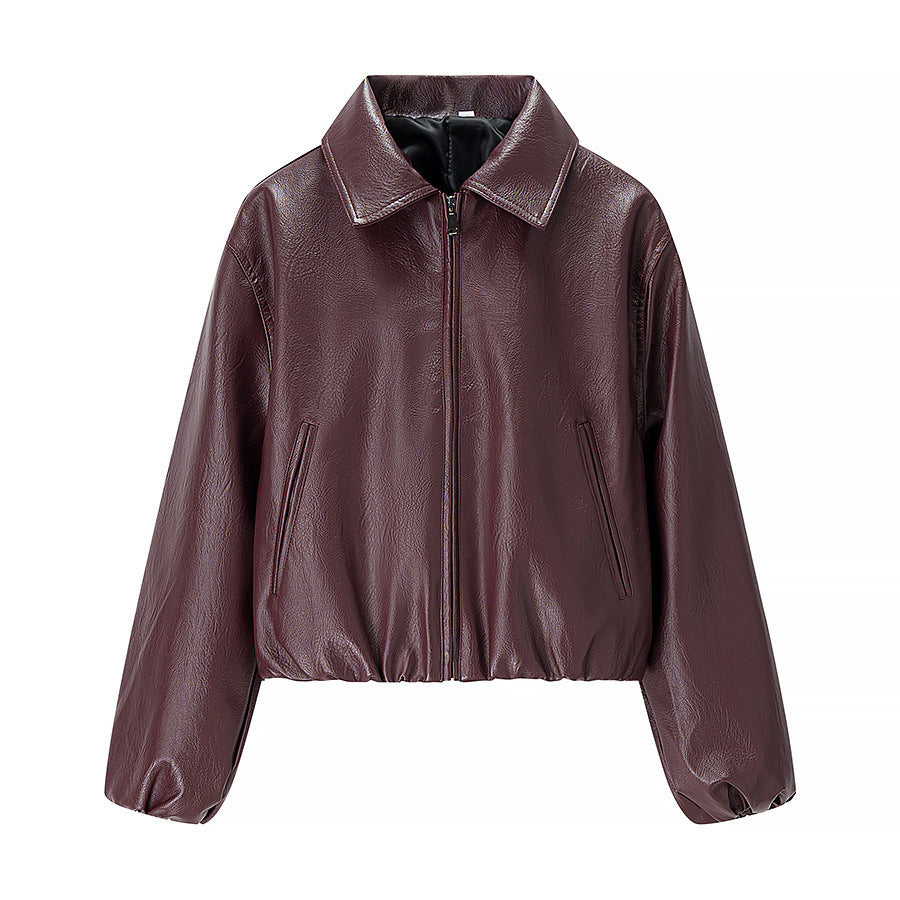 Women's Cropped Faux Leather Blouson with Shirt Collar, Elastic Hem and Zipper Fashion Glam