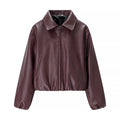 Women's Cropped Faux Leather Blouson with Shirt Collar, Elastic Hem and Zipper Fashion Glam