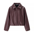 Women's Cropped Faux Leather Blouson with Shirt Collar, Elastic Hem and Zipper Fashion Glam