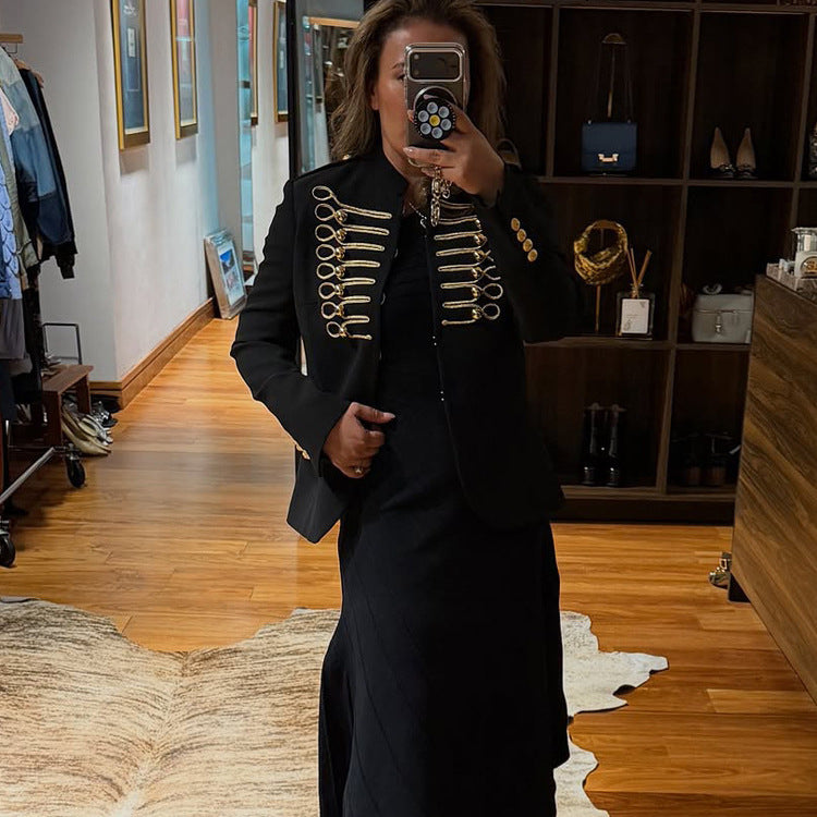 Ladies military-inspired fitted blazer with gold-embroidered cord applications Fashion Glam