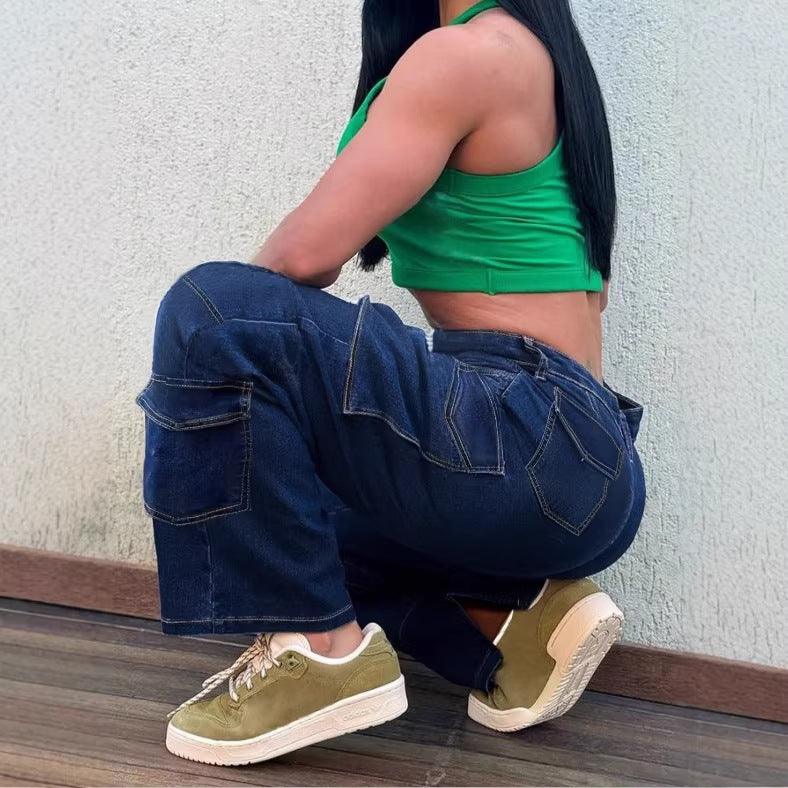 Women’s Utility Cargo Denim Pants with Low Rise, Panel Seams and Functional Pockets Fashion Glam