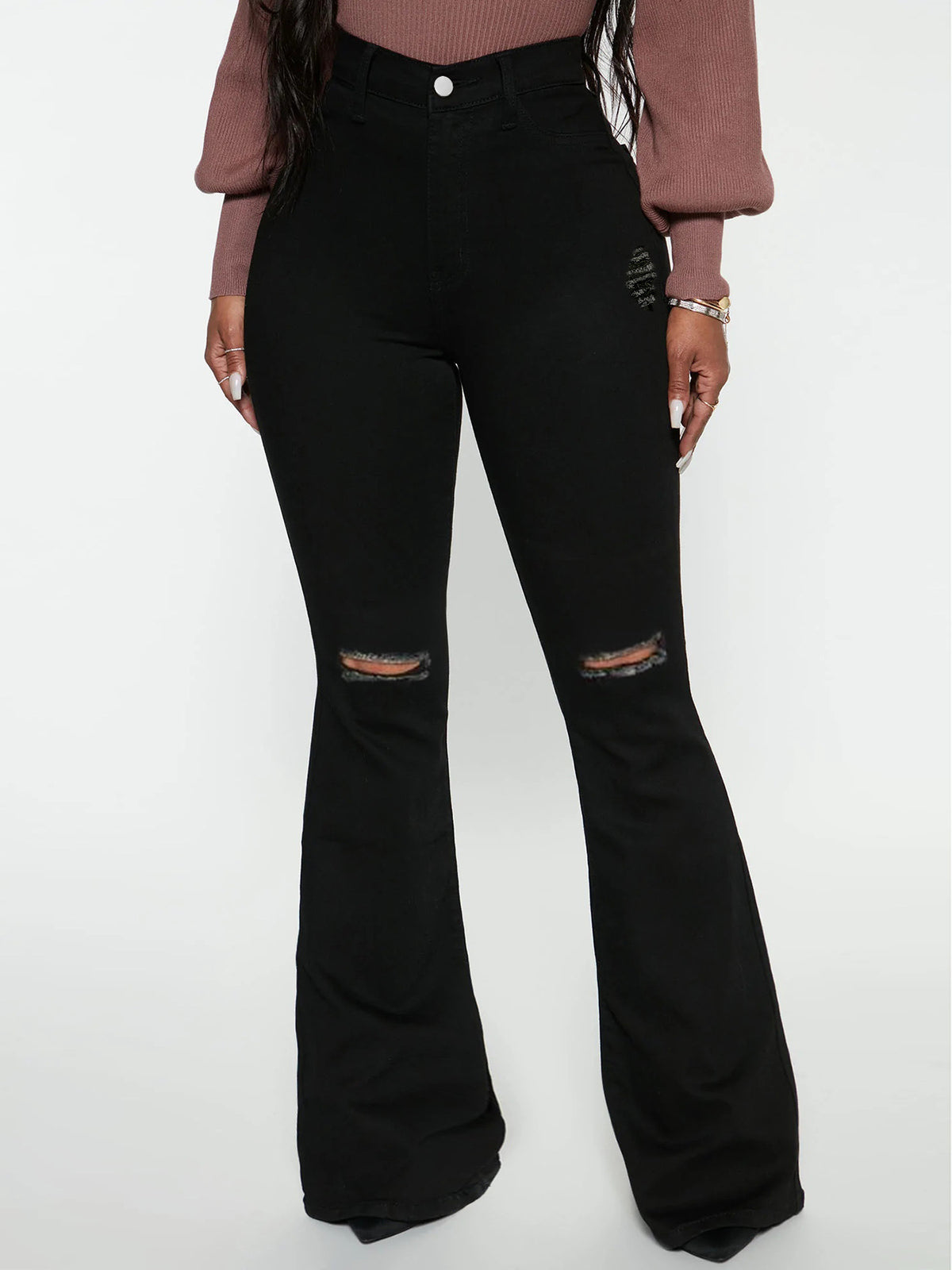 Ladies High-Waist Flared Jeans with Knee Rips and Sculpting Stretch Waistband Fashion Glam