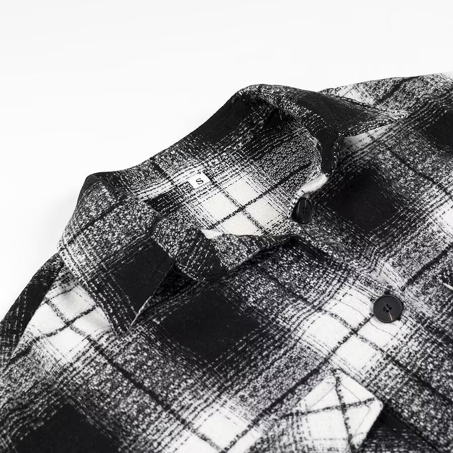 Women Checked Longline Shirt Coat made of Wool Blend with Oversized Silhouette and Flap Pockets Fashion Glam