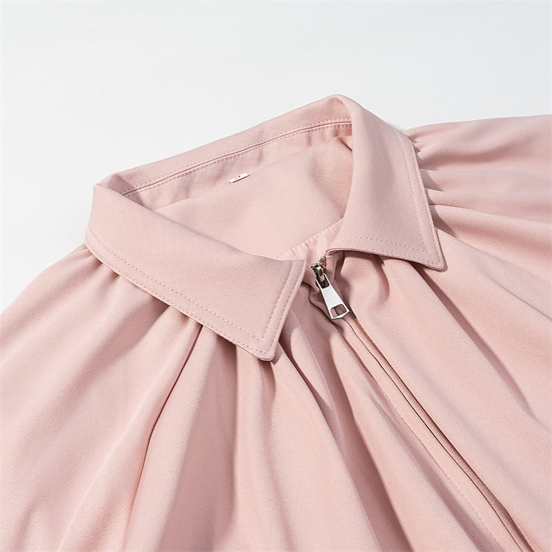 Women Cropped Jacket with Draped Front, Zipper and Balloon Sleeves Fashion Glam
