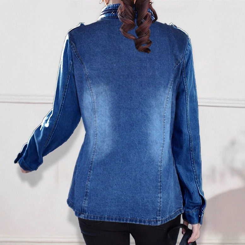 Women tailored denim jacket with stand-up collar, four flap pockets and slightly flared hem Fashion Glam