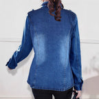 Women tailored denim jacket with stand-up collar, four flap pockets and slightly flared hem Fashion Glam