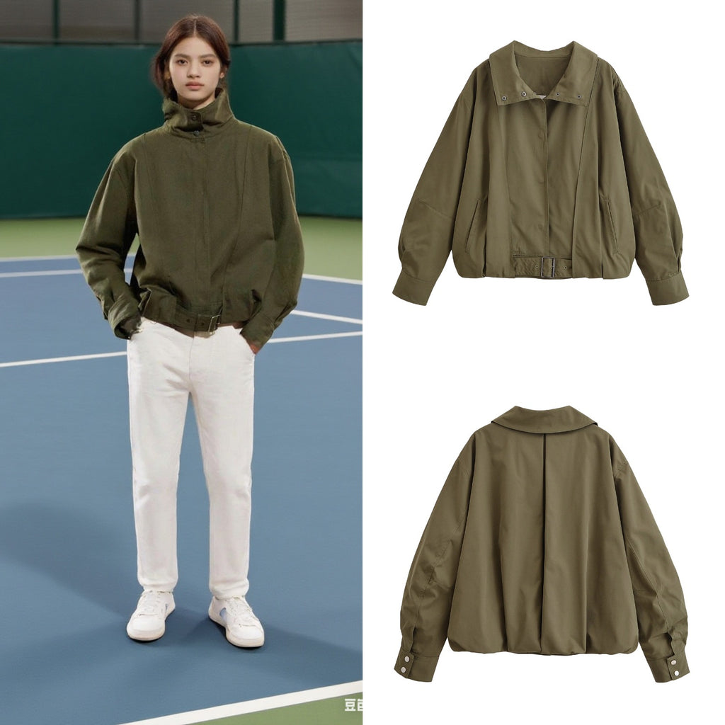 Women Oversize Bomber Jacket with Waist Belt and Stand-up Collar Fashion Glam