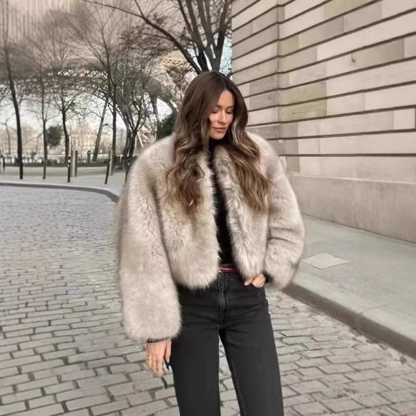 Women Cropped Faux Fur Bomber with Round Neck, Soft Draping High Pile and Boxy Silhouette Fashion Glam