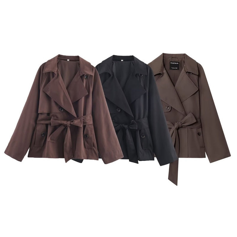 Ladies Cropped Trench Coat with Shawl Collar, Tie Belt and Flap Pockets Fashion Glam