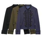 Women's Cropped Military Jacket with Standing Collar and Decorative Cord Application Fashion Glam