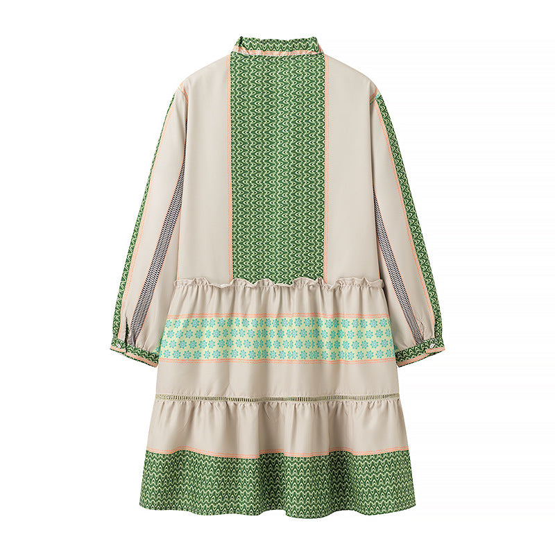 Ladies Printed Midi-Length Coat Dress with Ruffle Collar and Tiered Skirt Fashion Glam