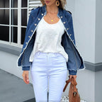 Women's tailored denim jacket with fringe trim and decorative button placket Fashion Glam