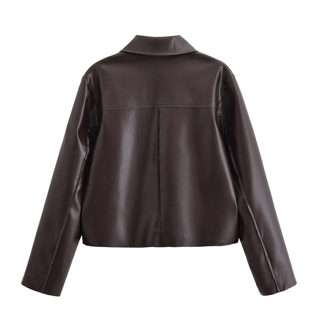 Women Short Boxy Leather-Look Jacket with Flap Pockets and Shirt Collar Fashion Glam