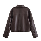 Women Short Boxy Leather-Look Jacket with Flap Pockets and Shirt Collar Fashion Glam