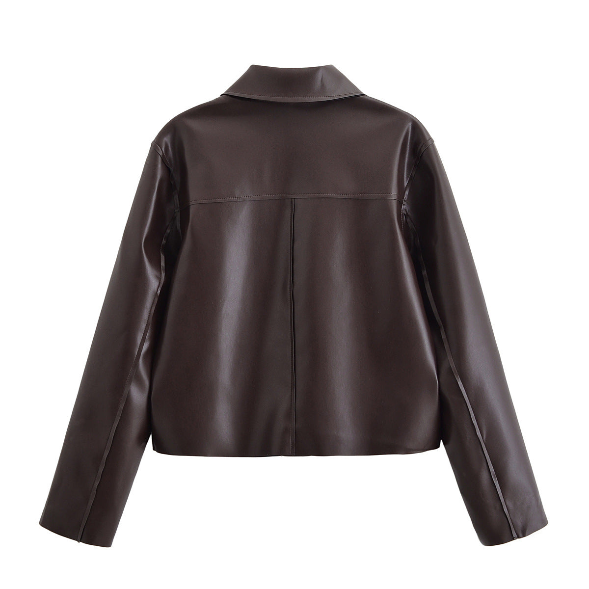 Women Short Boxy Leather-Look Jacket with Flap Pockets and Shirt Collar Fashion Glam