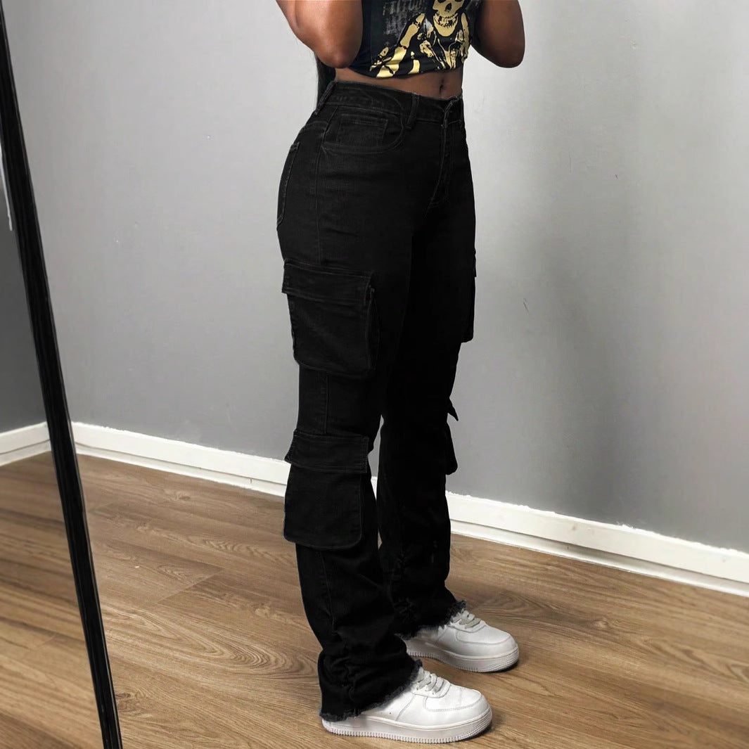 Ladies High-Waisted Cargo Jeans with Multiple Flap Pockets and Long Leg Fashion Glam