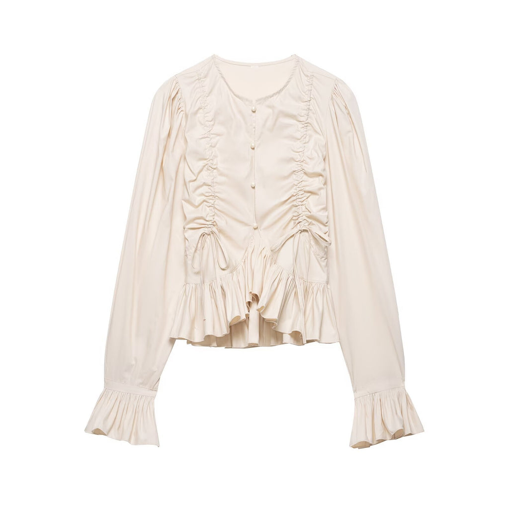 Women Ruffled Blouse with Drawstring, Balloon Sleeves and Ruffle Hem Fashion Glam