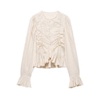 Women Ruffled Blouse with Drawstring, Balloon Sleeves and Ruffle Hem Fashion Glam