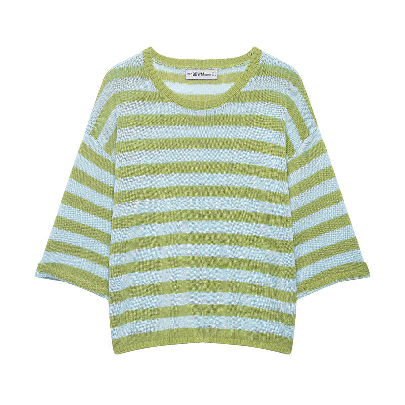 Women's Striped Oversized Knit Sweater with Wide Three-Quarter Sleeves and Round Neckline Fashion Glam