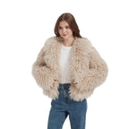 Women Short Boxy Faux Fur Bolero with Long Pile and Voluminous Shawl Collar Fashion Glam