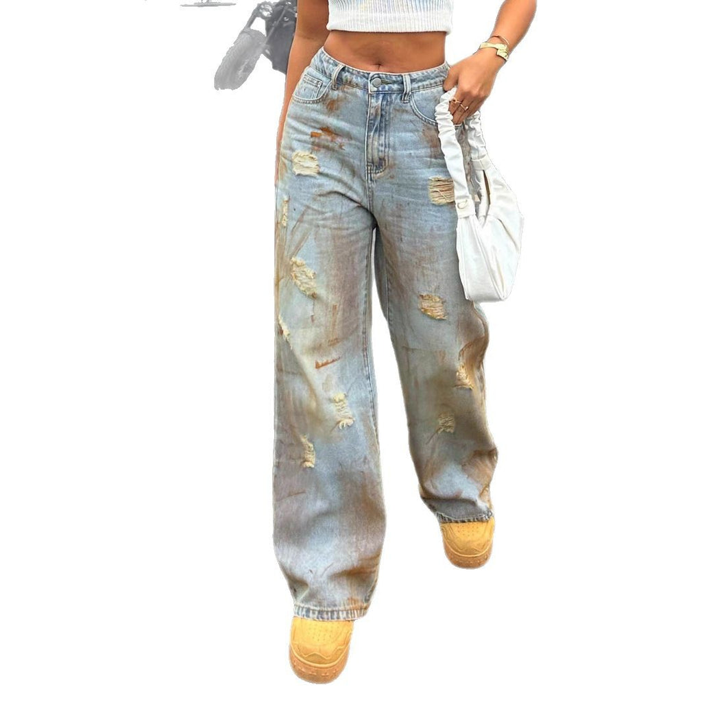 Women's high-cut wide-cut destroyed jeans with rust effect and casual fit Fashion Glam