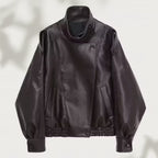 Women Oversized Faux Leather Biker Jacket with Asymmetric Lapel, Stand Collar, and Waist Drawstring Fashion Glam