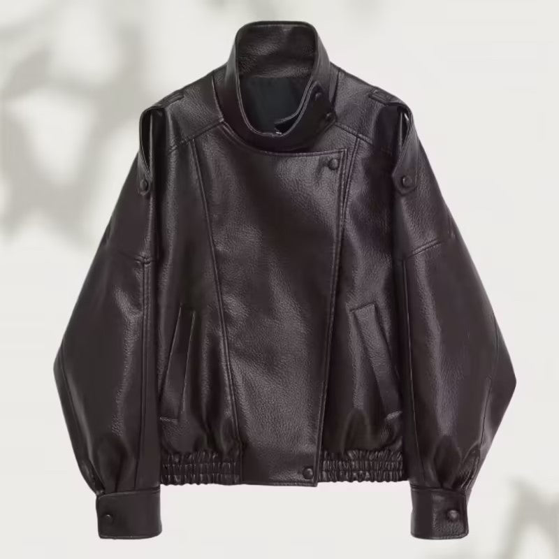 Women Oversized Faux Leather Biker Jacket with Asymmetric Lapel, Stand Collar, and Waist Drawstring Fashion Glam