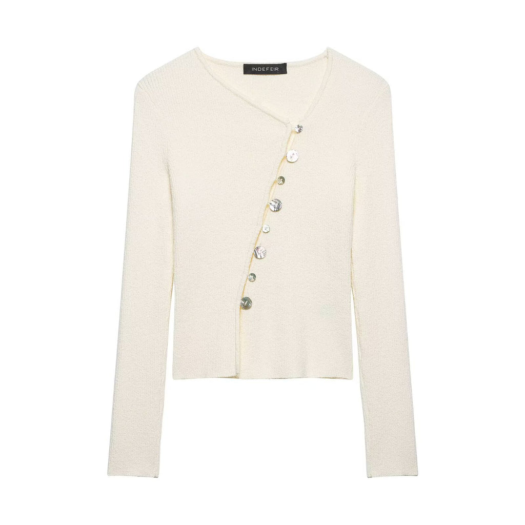 Women Asymmetrical Boucle Cardigan with V-Neck and Decorative Button Placket Fashion Glam