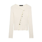 Women Asymmetrical Boucle Cardigan with V-Neck and Decorative Button Placket Fashion Glam
