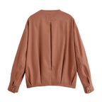 Women's Boxy Transitional Jacket with Round Neck, Decorative Stitching and Visible Button Placket Fashion Glam