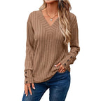 Women's Ribbed V-Neck Knit Sweater with Button Cuffs Fashion Glam