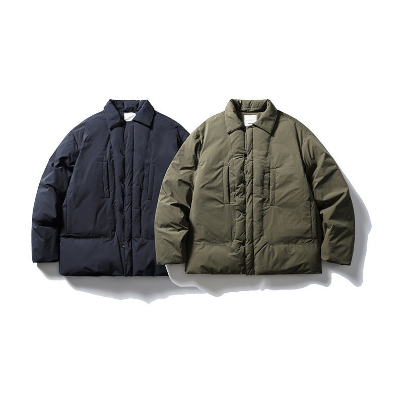 Men's short-cut thermo puffer jacket in boxy cut with shirt collar and concealed snap button placket Fashion Glam