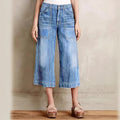 Ladies light vintage-inspired culotte jeans with visible seam panels and patch front pockets Fashion Glam